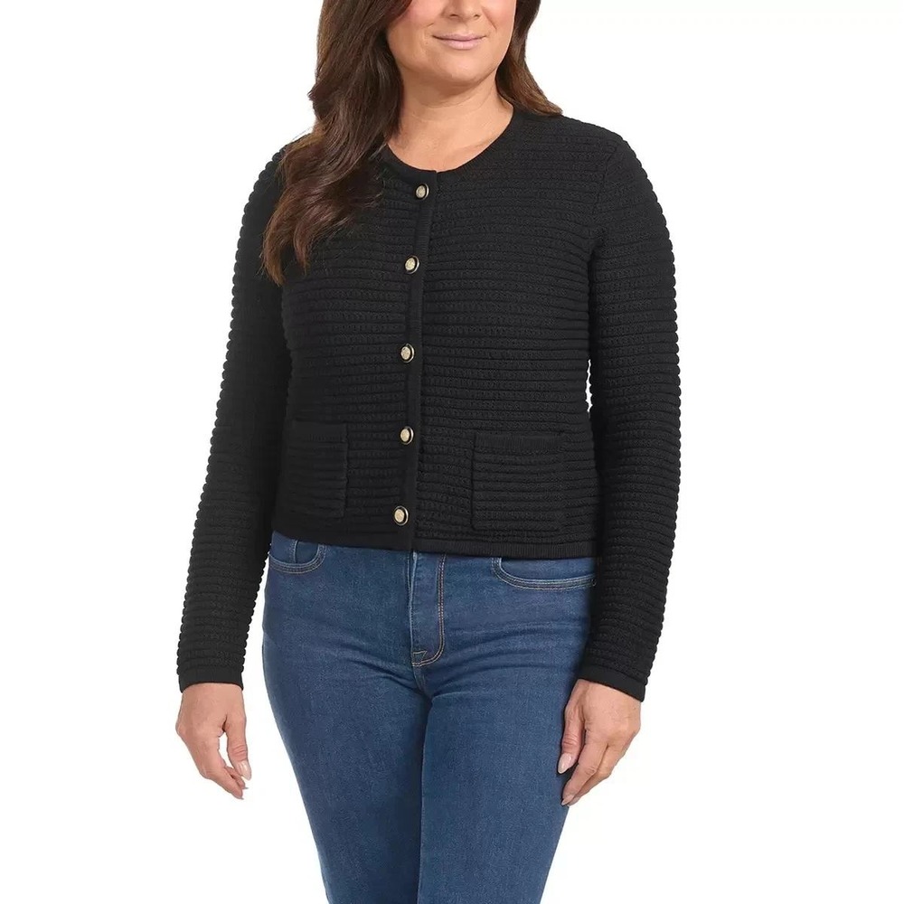 NWOT Hilary Radley Women's XL Black Ribbed Button Cardigan Viscose Blend